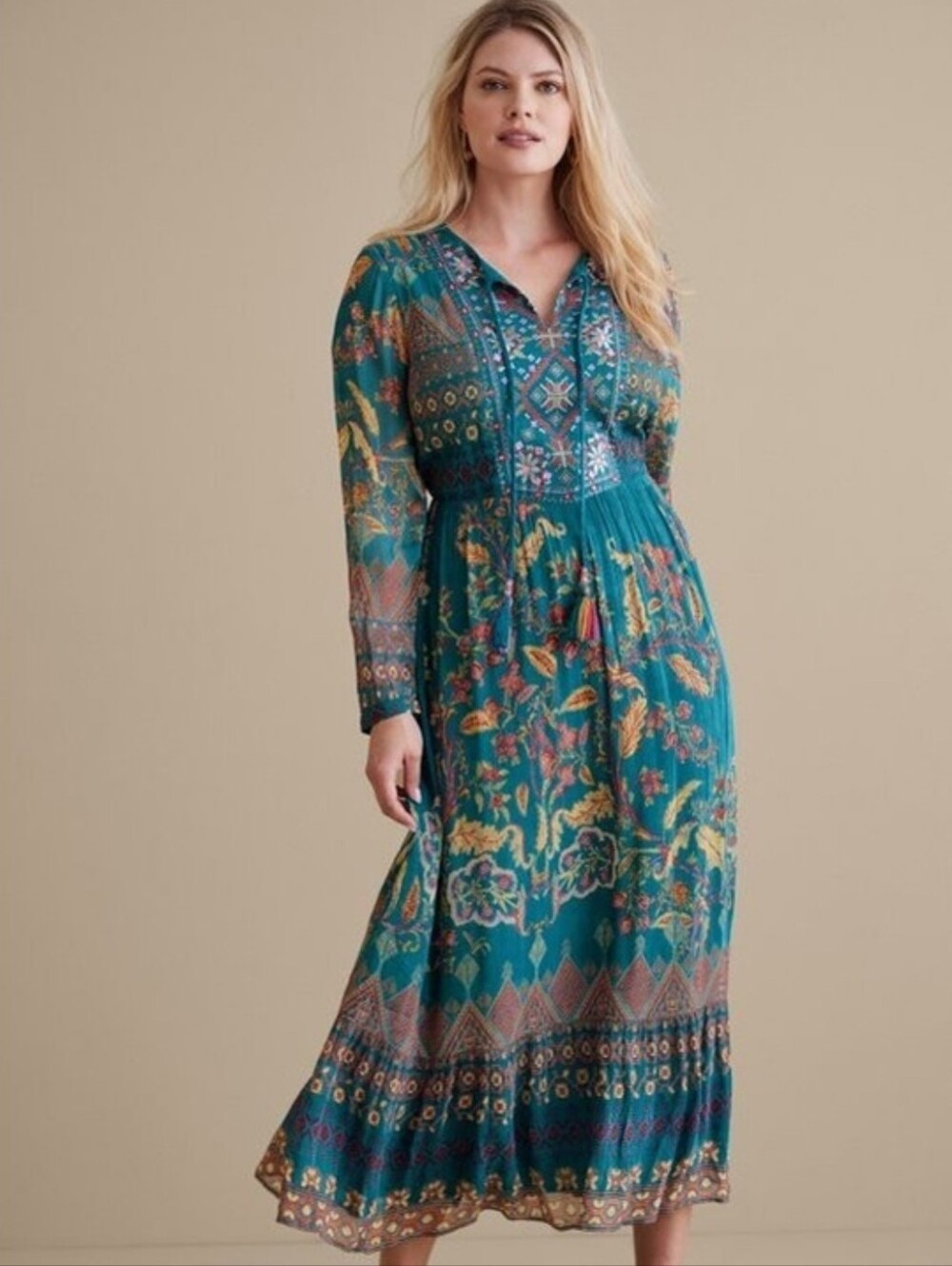 Soft Surroundings Mirapani Maxi Dress Embroidered Beaded Boho Floral Folklore